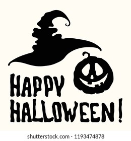 Vector stencil Happy Halloween title with pumpkin lantern, black cat, witch hat, ghost, mummy, bat isolated on the white background
