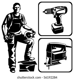 Vector stencil image. An worker with a power tool.