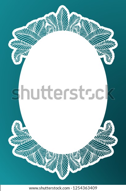 Vector stencil lace oval frame with carved openwork\
pattern with tropic leaves. Laser cut template for interior design,\
layouts wedding invitations, greeting cards, decorative art objects\
etc.