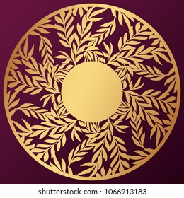 Vector Stencil lacy round frame with carved floral openwork pattern with leaves. Lace-bordered  circle template for interior design, layouts wedding cards. Golden stylized olive branches pattern.