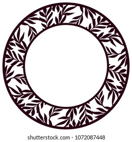 Vector Stencil lacy round frame with carved floral openwork pattern with leaves. Lace-bordered  circle template for interior design, layouts wedding cards. Golden stylized olive branches pattern.