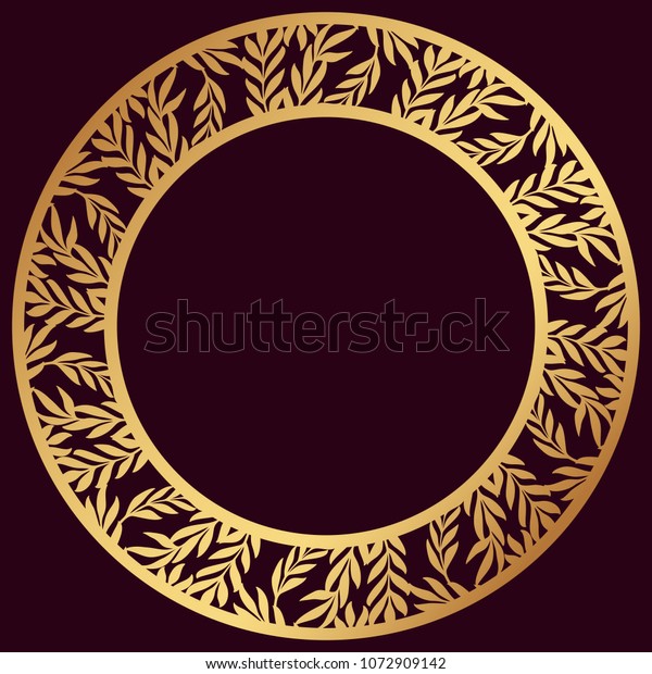 Vector Stencil lacy round frame with carved\
floral openwork pattern with leaves. Lace-bordered  circle template\
for interior design, layouts wedding cards. Golden stylized olive\
branches pattern.
