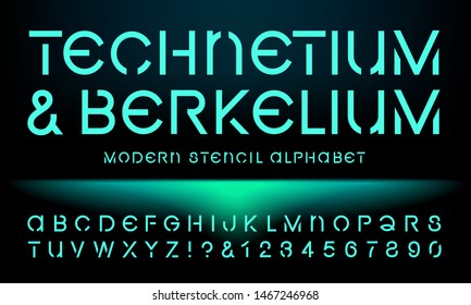 Vector Stencil Lettering Style For High Tech Applications, Atomic, Nuclear Labs, Technology, Telecommunications, Etc. Elemental Typography Font.