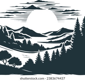 A vector stencil representation of a mountainous scene in Illustrator