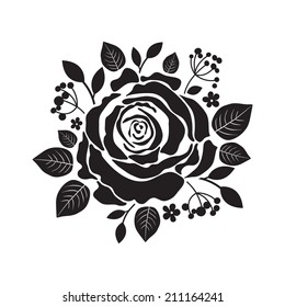 Vector Stencil Roses. Black Silhouette Of Rose With Leaves.