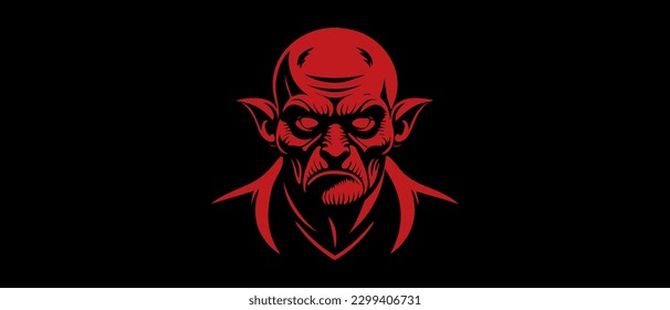 Vector stencil of a scary old red bald and wrinkled goblin with empty eyes on a black isolated background.