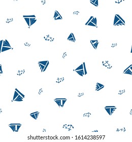 Vector Stencil Style Navy Blue Sailing Boats And Sets Of Anchors In All Over Print Design. Seamless Pattern On White Background. Great For Sport, Nautical, Summer Products,vacation, Fabric, Packaging