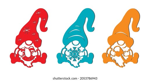 Vector stencil of three seated gnomes. Window decoration, gnome vytykanka.