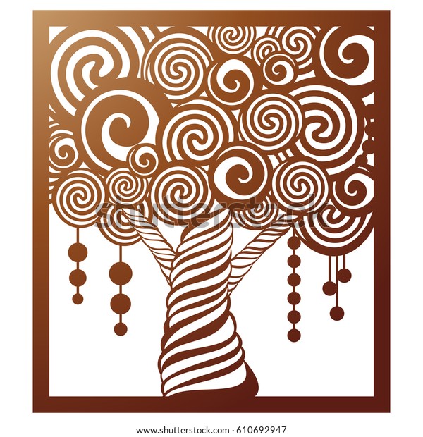 Vector Stencil tree in square\
frame with carved openwork pattern. Image suitable for laser\
cutting, scroll saw, plotter cutting or printing. Stock\
vector