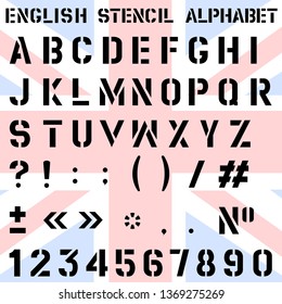 Vector. Stencilled font of the English alphabet, numbers and punctuation marks.