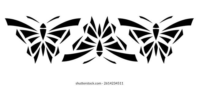 Vector stencils with abstract geometry butterfly. Black butterflies on white background. Monochrome natural decor. Cute isolate decorative design for laser cut, print, etc.