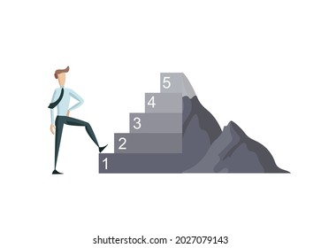 Vector Steps to the Goal Illustration, Success Concept, Businessman and Mountain Transformed Into Steps, Achieving Concept.