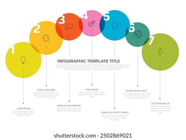 Vector steps infochart template with highlighet circle milestones with icons and big numbers in color transparent block descriptions and titles Multipurpose infographic