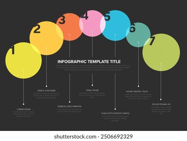 Vector steps infochart template with highlighted circle milestones with icons and big numbers in color transparent block descriptions and titles on dark background multipurpose infographic