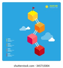 vector steps up to target with ladder, and plant flag / illustration style, consist of colorful cubes / can be used for layout, diagram, step up options, web template, infographics