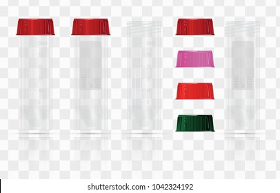Vector sterile plastic medical container. Blank template of clear empty transparent jar for urine or liquid for laboratory analysis. Realistic 3d mock-up isolated on transparent background