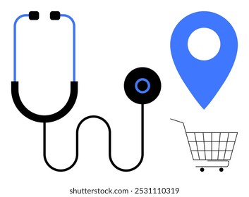 Vector de un estetoscopio, marcador de ubicación azul y Carrito de compras, en un estilo minimalista. Ideal para atención médica, compras en línea, servicios de ubicación, servicios médicos y comercio electrónico moderno