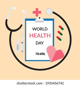 A vector of Stethoscope, health, heart symbol, syringe and thermometer on khakis background. World Health Day will celebrate 7th of April every year.