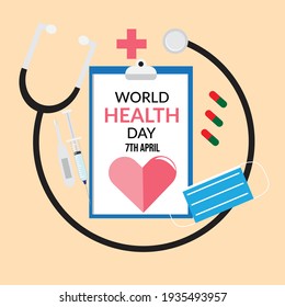 A vector of Stethoscope, health, heart symbol, syringe, face mask and thermometer on khakis background. World Health Day will celebrate 7th of April every year.