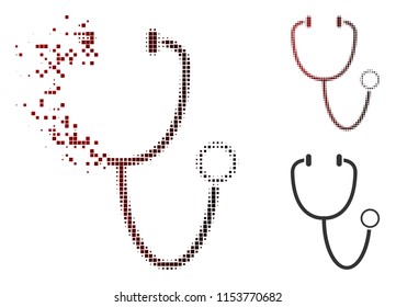 Icono vectorial del estetoscopio en versiones sólidas fracturadas, punteadas y sin daño. El efecto de desintegración implica puntos rectangulares y degradado horizontal de rojo a negro.