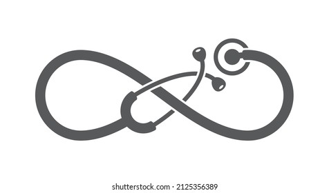 Logo del estetoscopio vectorial como infinito con un símbolo de ocho iconos. Aislado sobre fondo blanco.