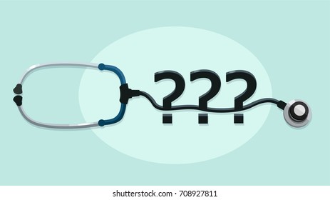 Vector of a stethoscope in the shape of a question mark. Concept of confusion and question in hospital care for disease.