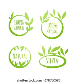 Vector Stevia, 100% Natural labels, stickers, tags and shapes on white background. Nature food, cosmetic stains set
