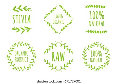 Vector Stevia, 100% Natural, Raw, Organic product labels, stickers, tags and shapes on white background. Nature food, cosmetic stains set
