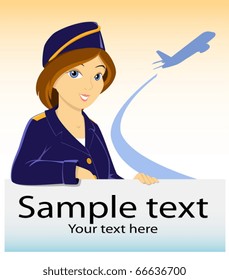 Vector stewardess with billboard and plane silhouette