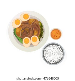 Vector of stewed pork leg with rice and boil egg.