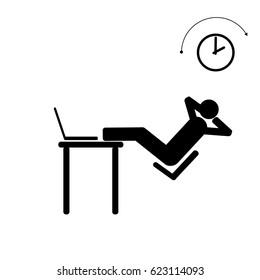 Vector stick figure icon. A man is sitting at his desk at work relaxed leaning back in a chair with his feet on the desk and hands behind the head. Wall clock, time icon
