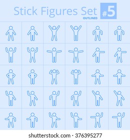 Vector stick figure icon set of male poses and gestures in various activity situations. Line style people elements. Suitable for infographic people, diagrams, web, social networks.