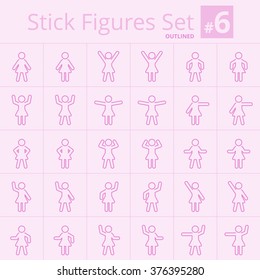 Vector stick figure icon set of female poses and gestures in various activity situations. Line style people elements. Suitable for infographic people, diagrams, web, social networks.