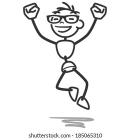 Vector stick figure illustration: Happy successful stick man jumping with fists.