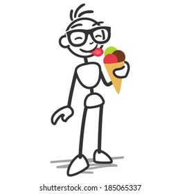 Vector stick figure illustration: Happy stick man enjoying ice cream.