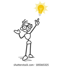 Vector stick figure illustration: Stick man having light bulb idea, pointing.