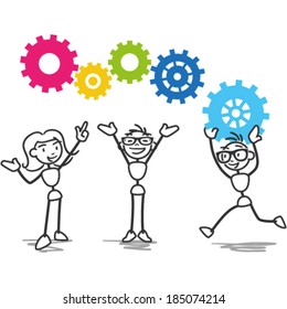 Vector stick figure illustration: Stick man group teamwork with colorful cogs.