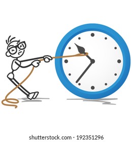 Vector stick figure illustration: Stickman trying to turn back time by pulling on a rope attached to the hands of a clock.