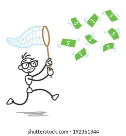 Vector stick figure illustration: Stickman chasing money bills with a scoop.