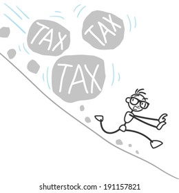 Vector stick figure: Stick man escaping from triggered landslide with huge rocks labeled tax.