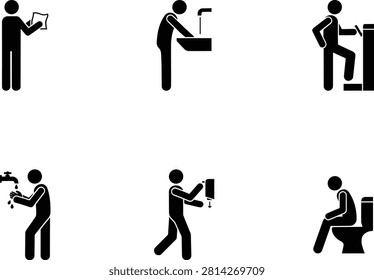 Vector stick figure restroom hygiene icons depicting handwashing, toilet use, urinal etiquette, paper towel dispenser, newspaper reading, clean bathroom activities illustration