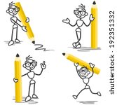 Vector stick figure set: Stickman holding pencil, standing, running, pointing and drawing.
