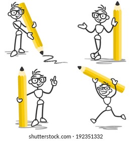 Vector Stick Figure Set: Stickman Holding Pencil, Standing, Running, Pointing And Drawing.