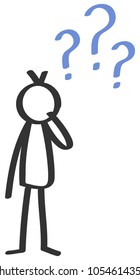 Vector stick figure undecided, stick man with three blue question marks isolated on white background