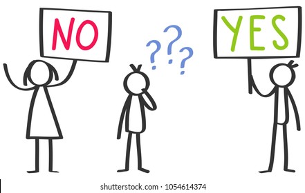 Vector stick figures, holding up boards saying YES and NO, one stick man undecided isolated on white background