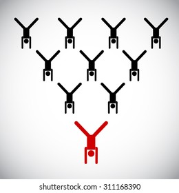 vector stick man crowd and yogi in inverted pose on hands