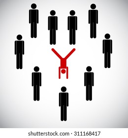 vector stick man crowd and yogi in inverted pose on hands