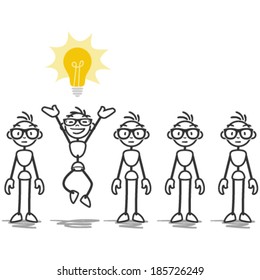 Vector stick man: Stick figures standing in line, one having light bulb idea.