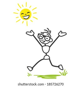 Vector stick man: Happy and joyous stick figure running on meadow with laughing sun.