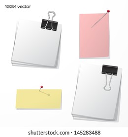 Vector stick note isolated on white background.  Pins and binder clips.